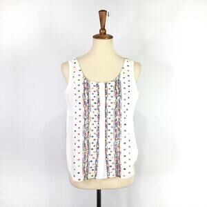 Vintage rainbow embroidered white button up tank top Size Medium 9-10